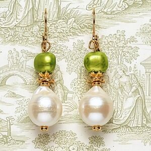 Large White And Small Pistachio Green Baroque Earrings In 14K Gold Plated.